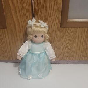 Precious Moments Vintage Porecelin Doll With Blonde Hair & Blue And White Dress